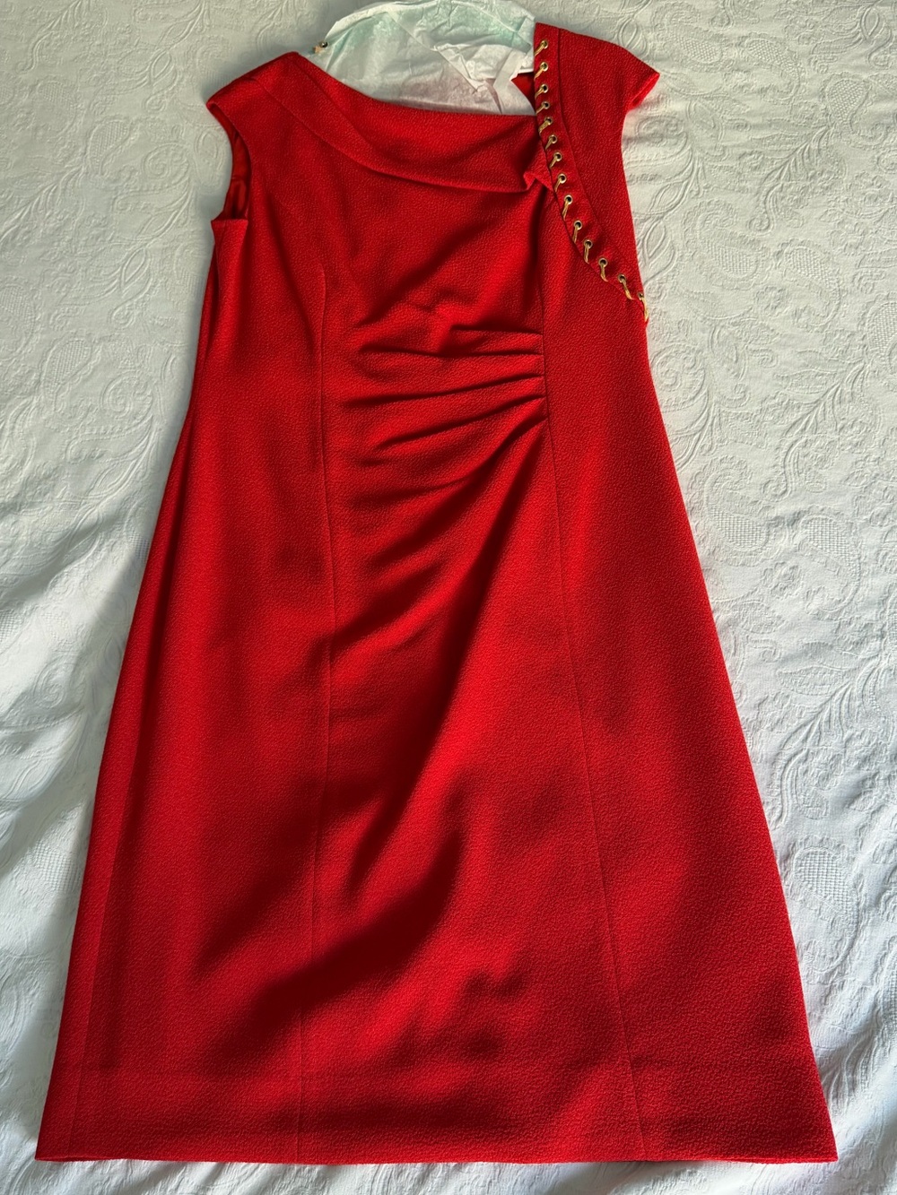 Kay Unger Red Crepe Cap-Sleeve Midi Dress with Side Detail